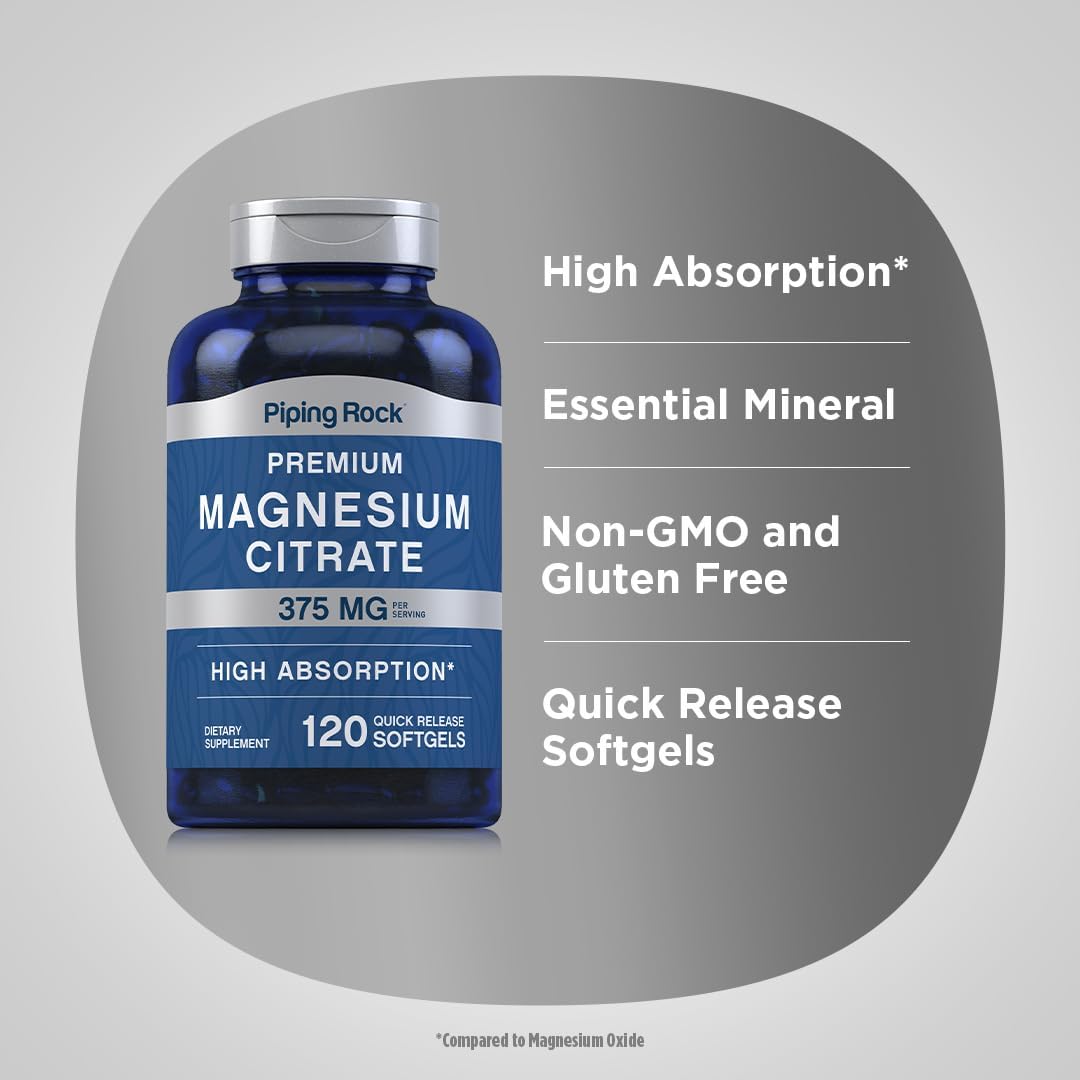 375 mg Magnesium Citrate Softgels for High Absorption - Non-GMO & Gluten Free - 120 Count