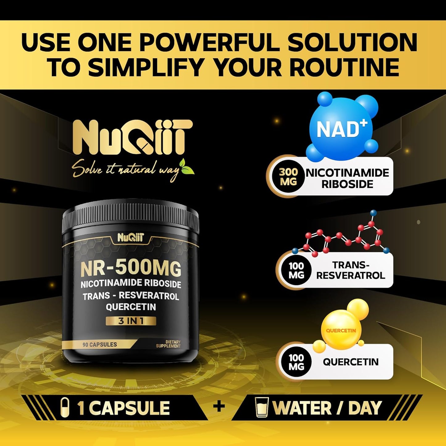 3in1 NAD+ Supplement with NR, Resveratrol, Quercetin - Cellular Energy & Repair - Healthy Aging & Vitality - 90 Count