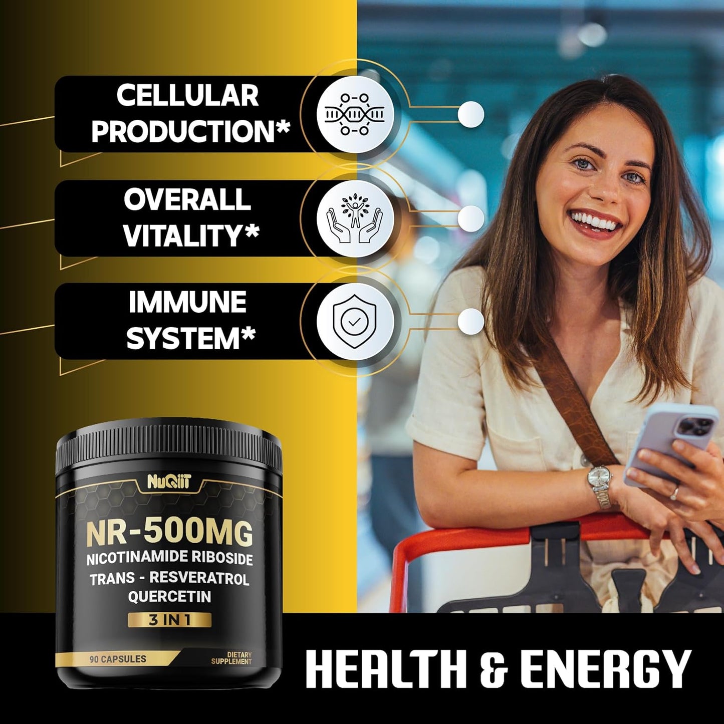3in1 NAD+ Supplement with NR, Resveratrol, Quercetin - Cellular Energy & Repair - Healthy Aging & Vitality - 90 Count