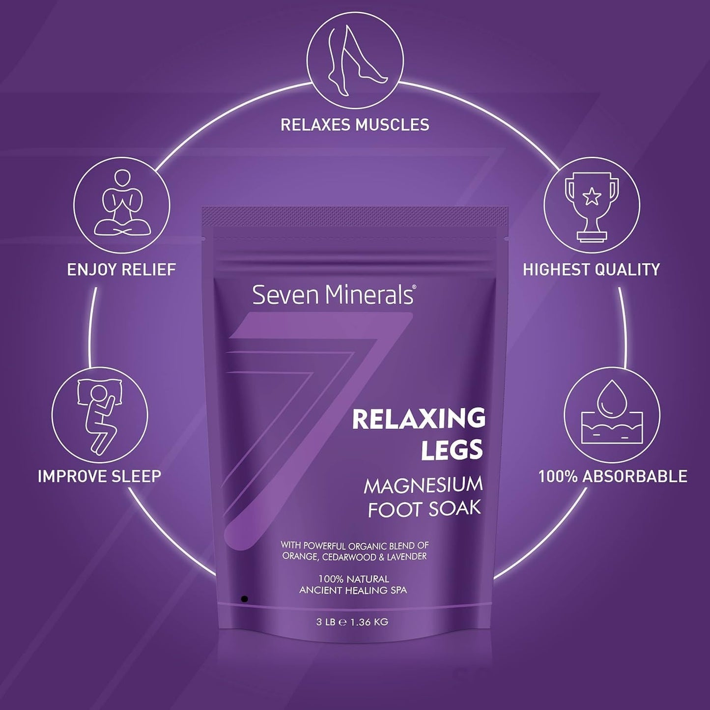 3lb Seven Minerals Magnesium Chloride Flakes for Relaxing Legs - Better Absorption Than Epsom Salt - Foot Soak for Tired Legs and Cramps - Orange, Cedarwood, Lavender Formula