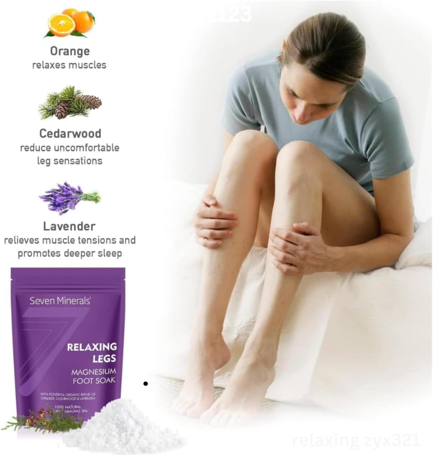 3lb Seven Minerals Magnesium Chloride Flakes for Relaxing Legs - Better Absorption Than Epsom Salt - Foot Soak for Tired Legs and Cramps - Orange, Cedarwood, Lavender Formula