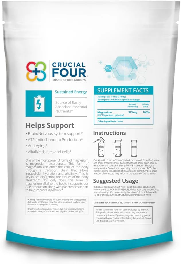 3oz Crucial FOUR mMagBicarb Magnesium Hydroxide Powder - Dead Sea Sourced Alkaline Supplement for Bone, Muscle, Nerve Health - pH Balance & Digestive Wellness Support