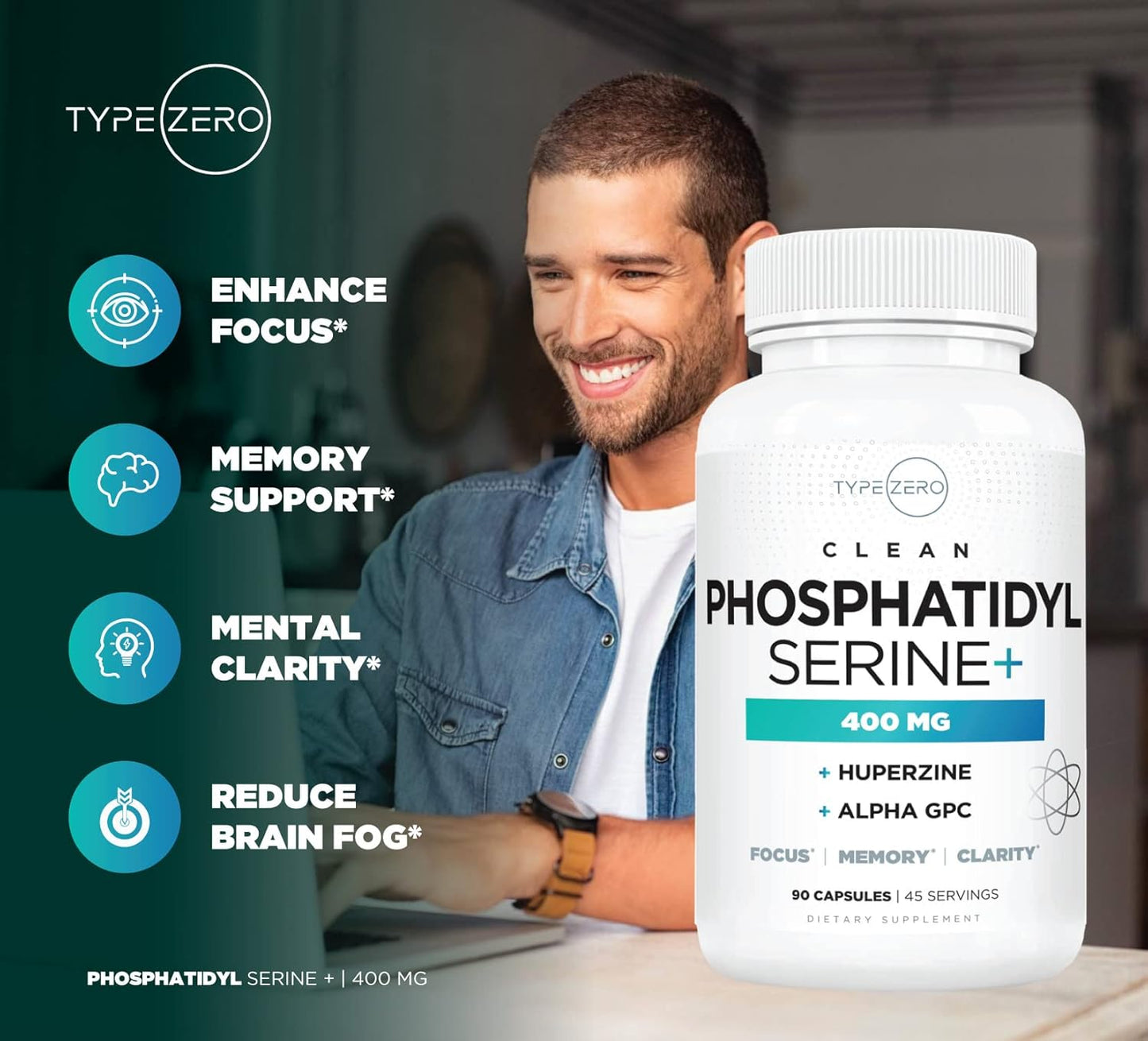 3X Strength Phosphatidylserine Nootropic Supplement with Alpha GPC and Huperzine A for Clean Focus and Memory Support
