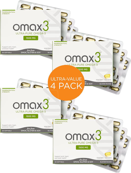 4 Boxes Omax3 Ultra-Pure Omega-3 Fish Oil Pills | High EPA DHA Concentration, 1500MG, Gluten Free, Non-GMO | Made in USA, 240 Softgels (4 Boxes)