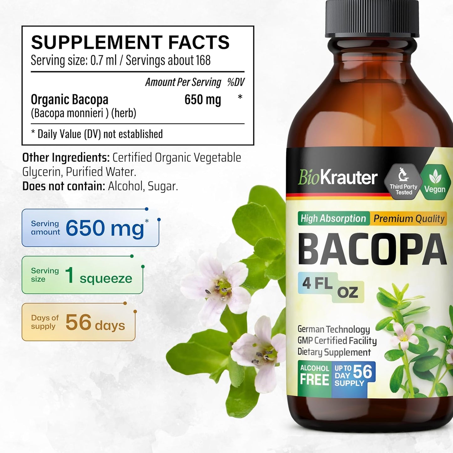 4 Fl. Oz. Bacopa and Ginkgo Biloba Tincture Combo for Cognitive Health by BIO KRAUTER