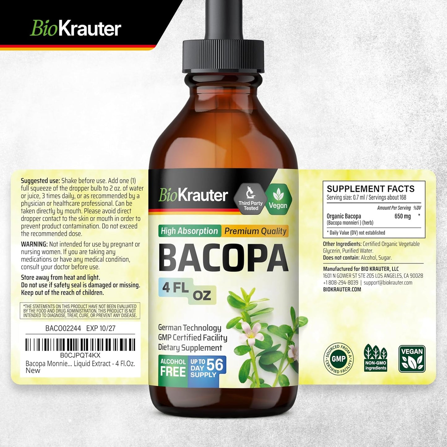 4 Fl. Oz. Bacopa and Ginkgo Biloba Tincture Combo for Cognitive Health by BIO KRAUTER