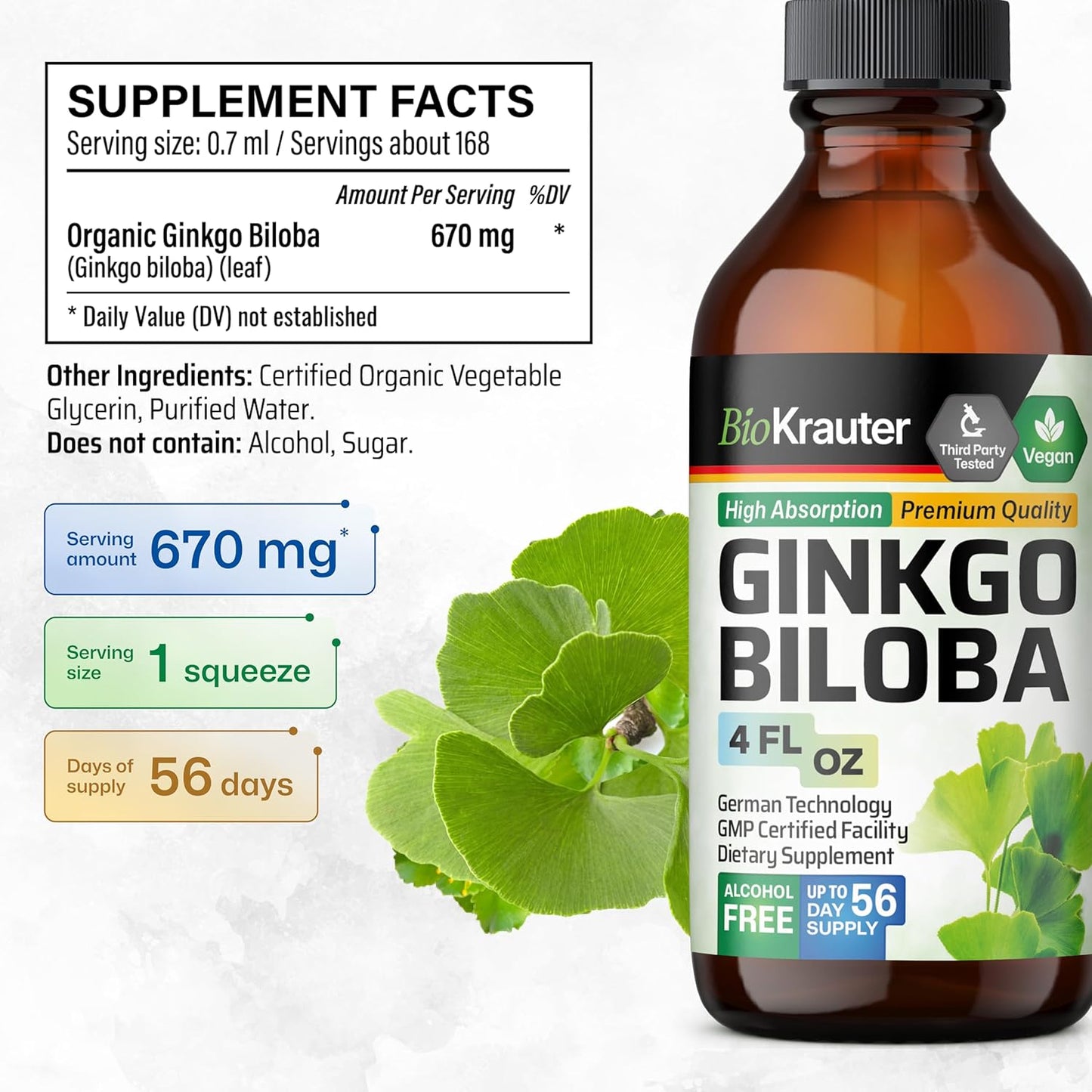 4 Fl. Oz. Bacopa and Ginkgo Biloba Tincture Combo for Cognitive Health by BIO KRAUTER