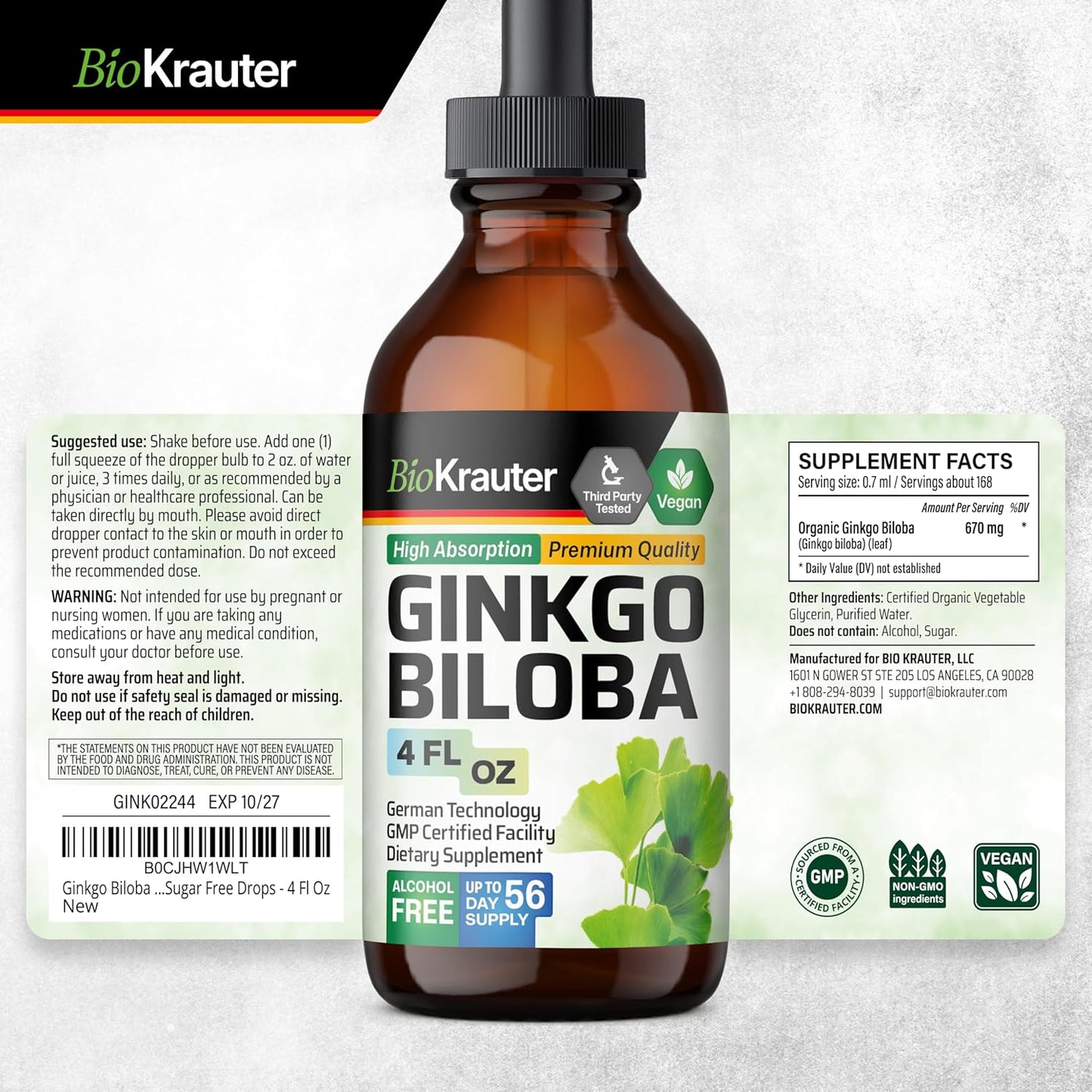 4 Fl. Oz. Bacopa and Ginkgo Biloba Tincture Combo for Cognitive Health by BIO KRAUTER