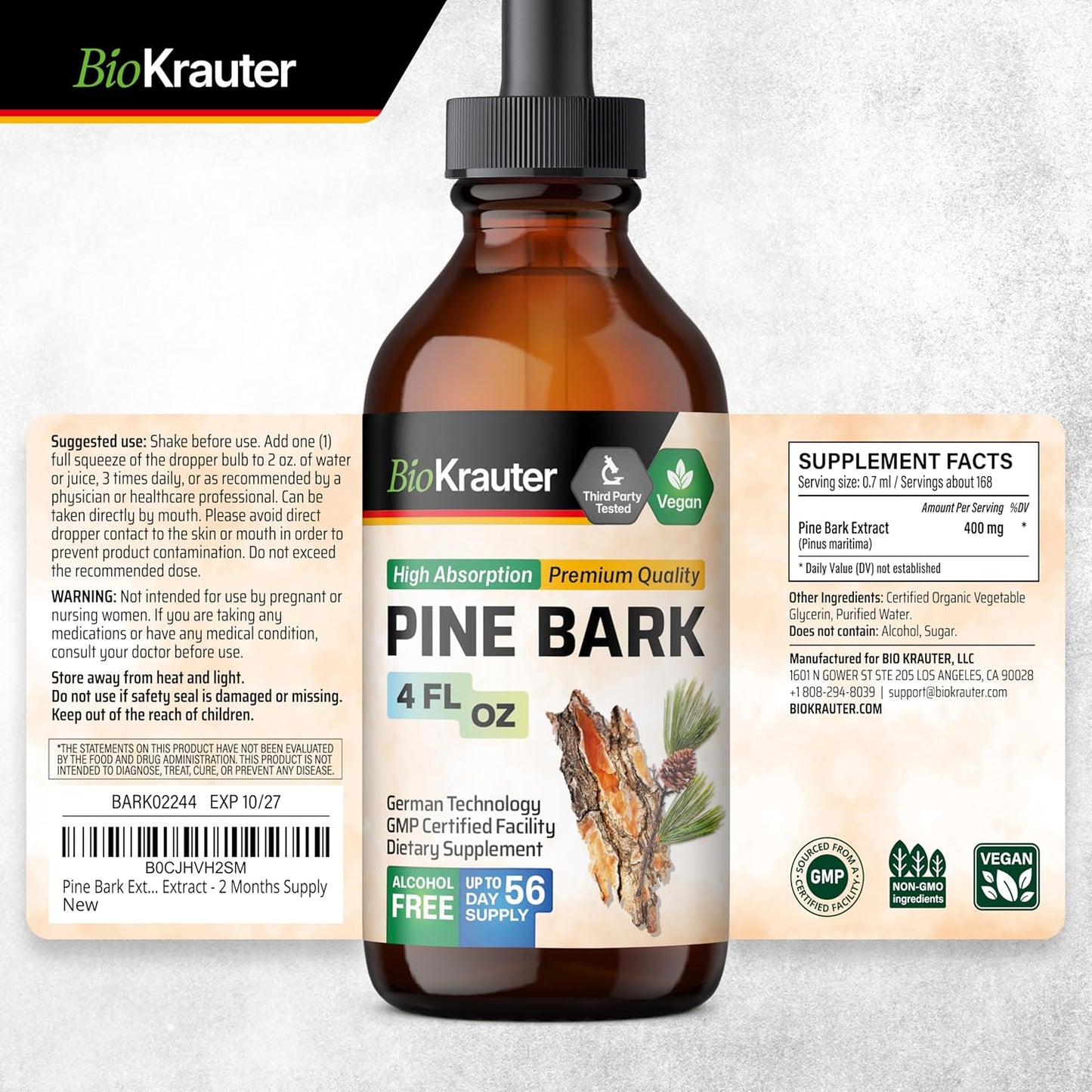 4 Fl. Oz. Pine Bark and Gotu Kola Tinctures by BIO KRAUTER - Natural Herbal Supplements for Wellness