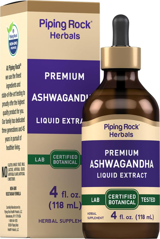 4 fl oz Piping Rock Ashwagandha Liquid Drops - Premium Herbal Root Extract Tincture - Alcohol Free, Vegetarian, Non-GMO, Gluten Free