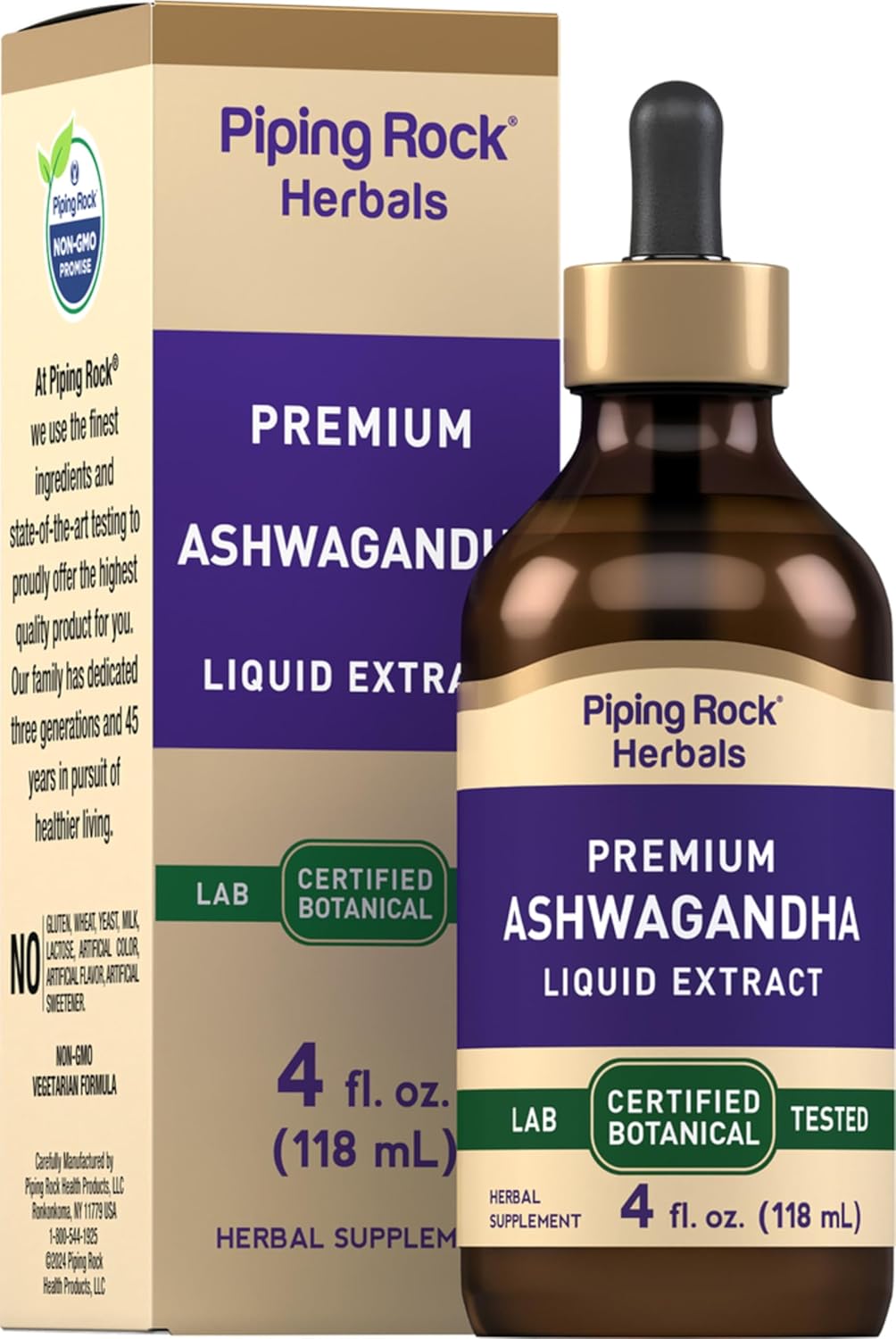 4 fl oz Piping Rock Ashwagandha Liquid Drops - Premium Herbal Root Extract Tincture - Alcohol Free, Vegetarian, Non-GMO, Gluten Free