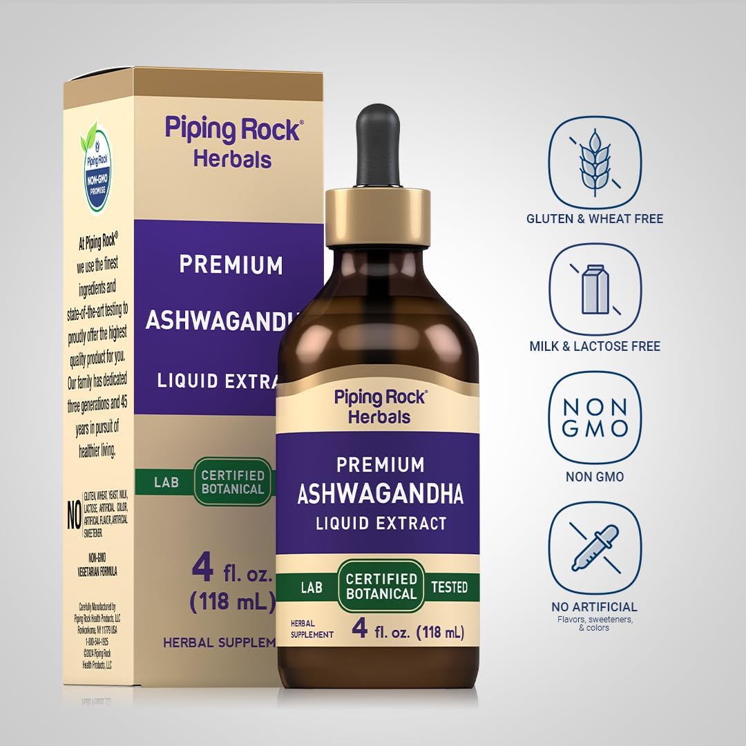 4 fl oz Piping Rock Ashwagandha Liquid Drops - Premium Herbal Root Extract Tincture - Alcohol Free, Vegetarian, Non-GMO, Gluten Free