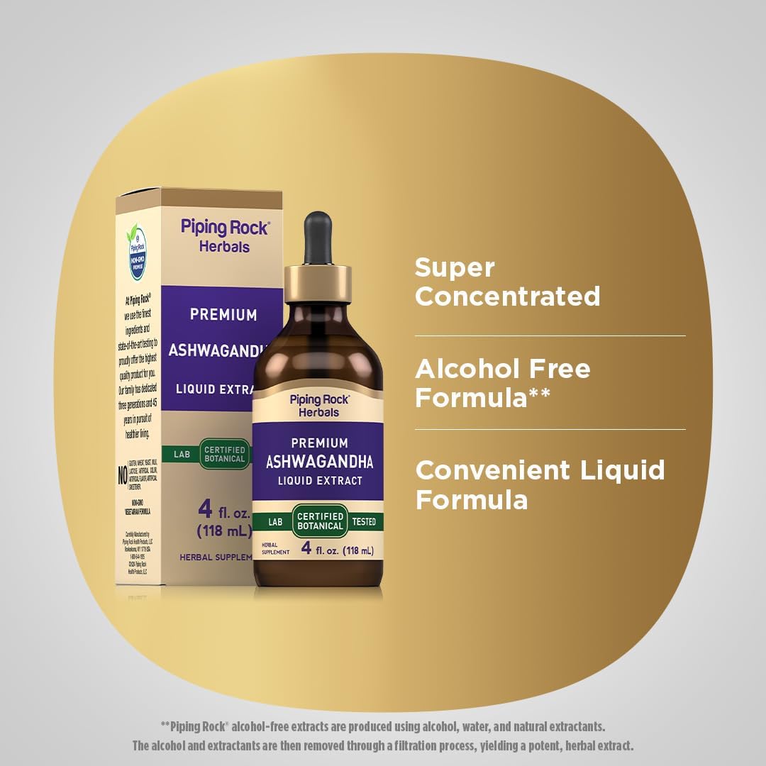 4 fl oz Piping Rock Ashwagandha Liquid Drops - Premium Herbal Root Extract Tincture - Alcohol Free, Vegetarian, Non-GMO, Gluten Free