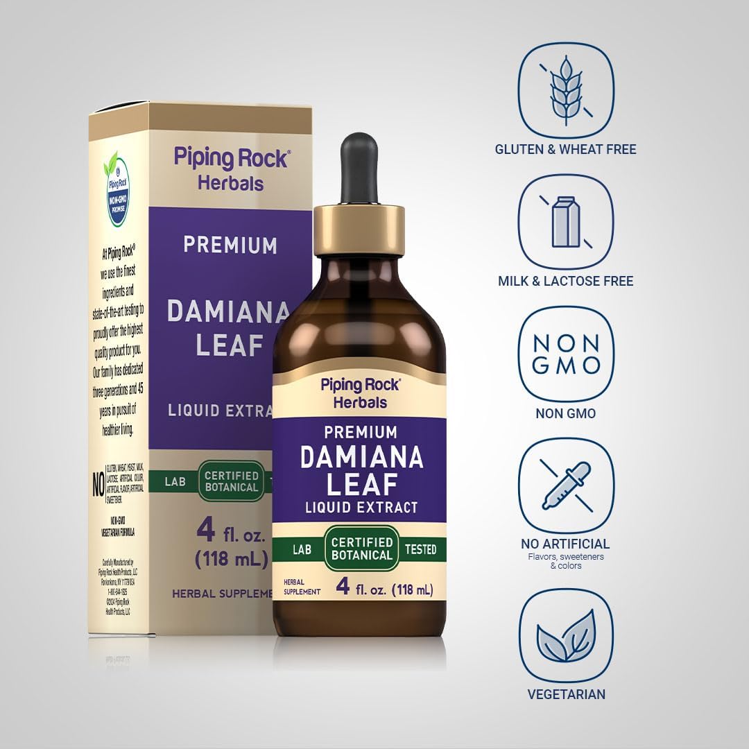 4 fl oz Piping Rock Damiana Leaf Tincture | Liquid Extract Drops | Vegetarian & Non-Alcoholic | Non GMO & Gluten Free