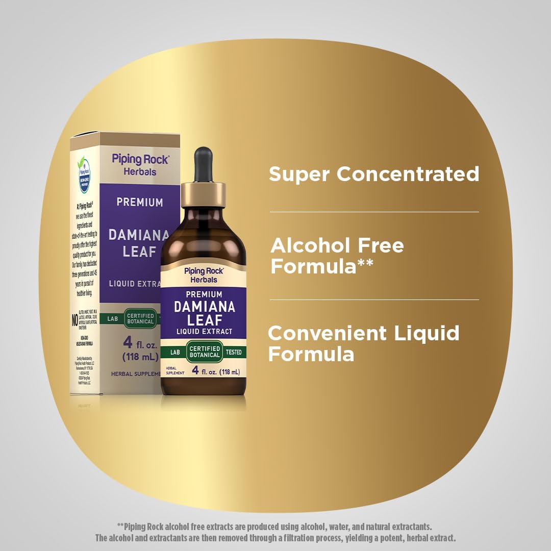 4 fl oz Piping Rock Damiana Leaf Tincture | Liquid Extract Drops | Vegetarian & Non-Alcoholic | Non GMO & Gluten Free