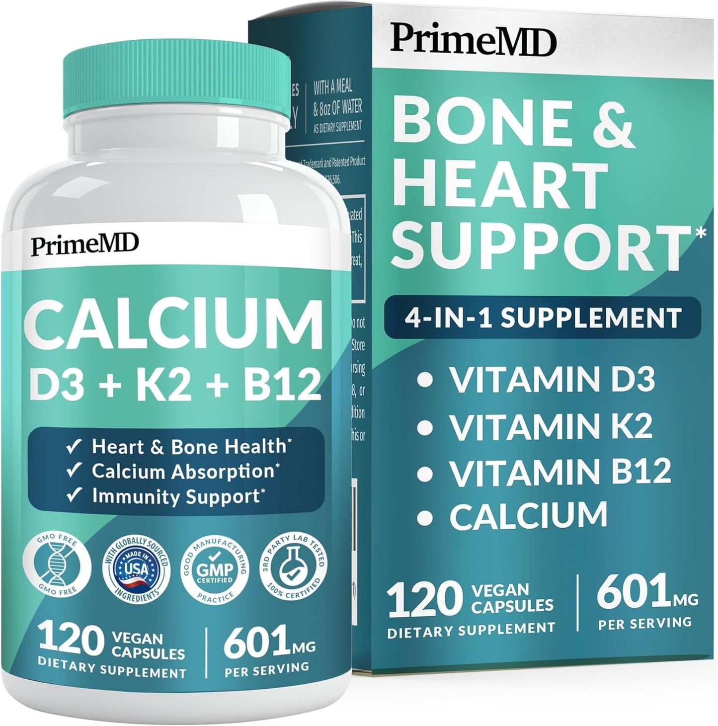 4-in-1 Calcium Supplements with Vitamin D3 K2 for Heart, Bone & Health - Gluten-Free, Vegan (120 ct)