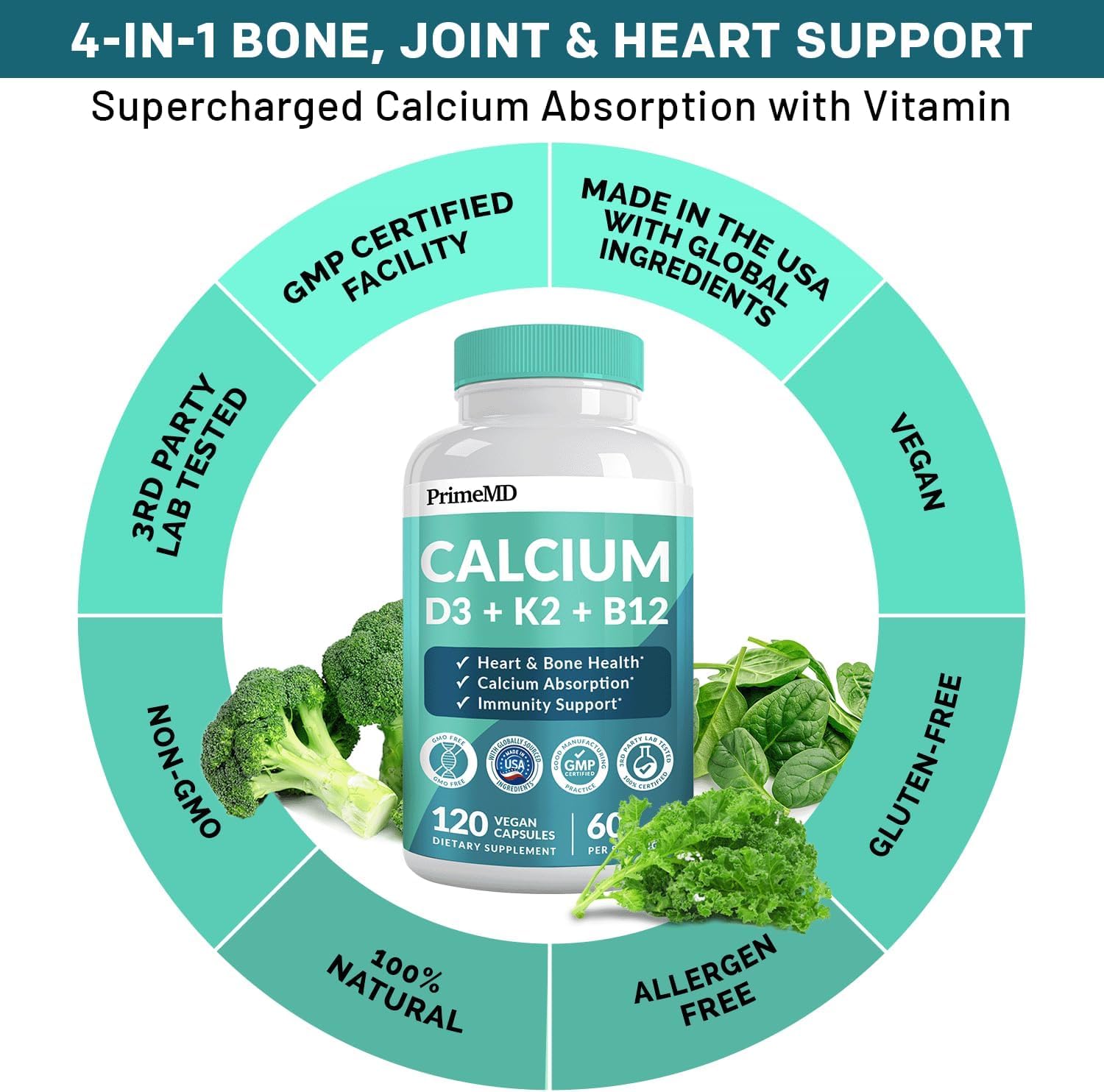 4-in-1 Calcium Supplements with Vitamin D3 K2 for Heart, Bone & Health - Gluten-Free, Vegan (120 ct)