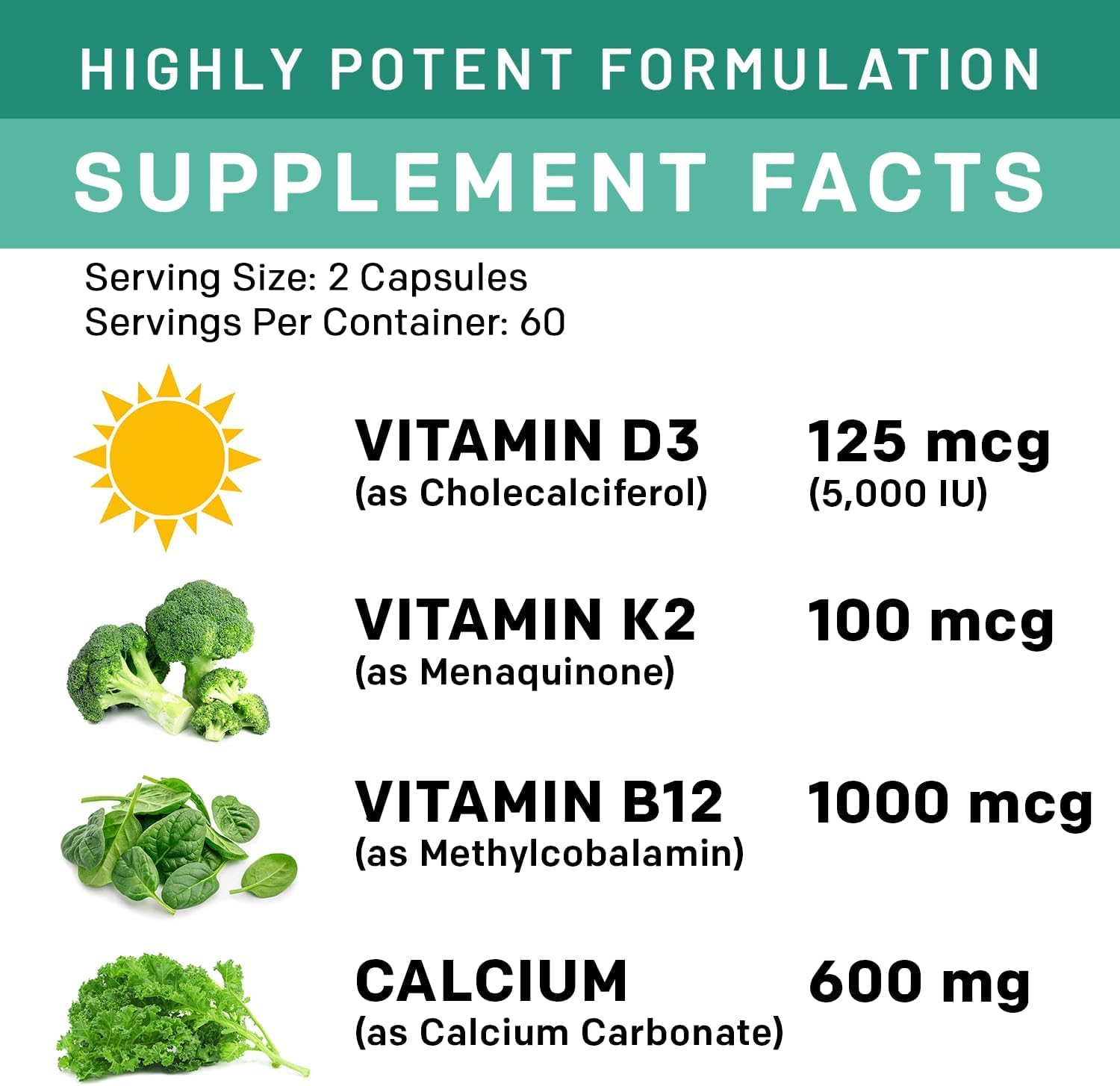 4-in-1 Calcium Supplements with Vitamin D3 K2 for Heart, Bone & Health - Gluten-Free, Vegan (120 ct)