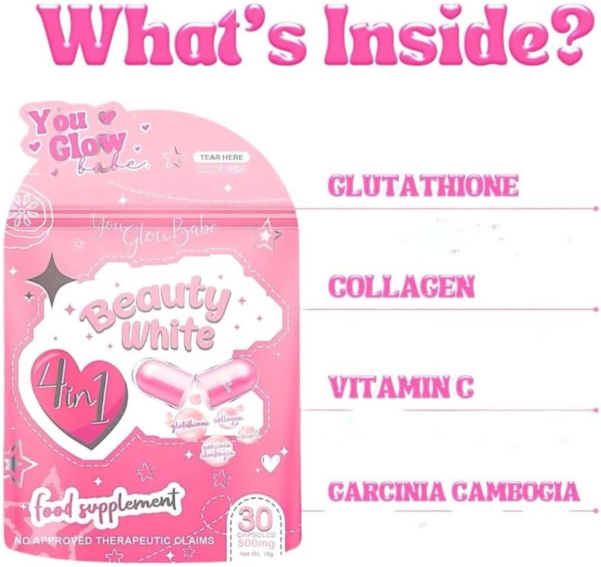 4 in 1 Glutathione Capsules - Beauty White Formula for Radiant Skin, 30 Count
