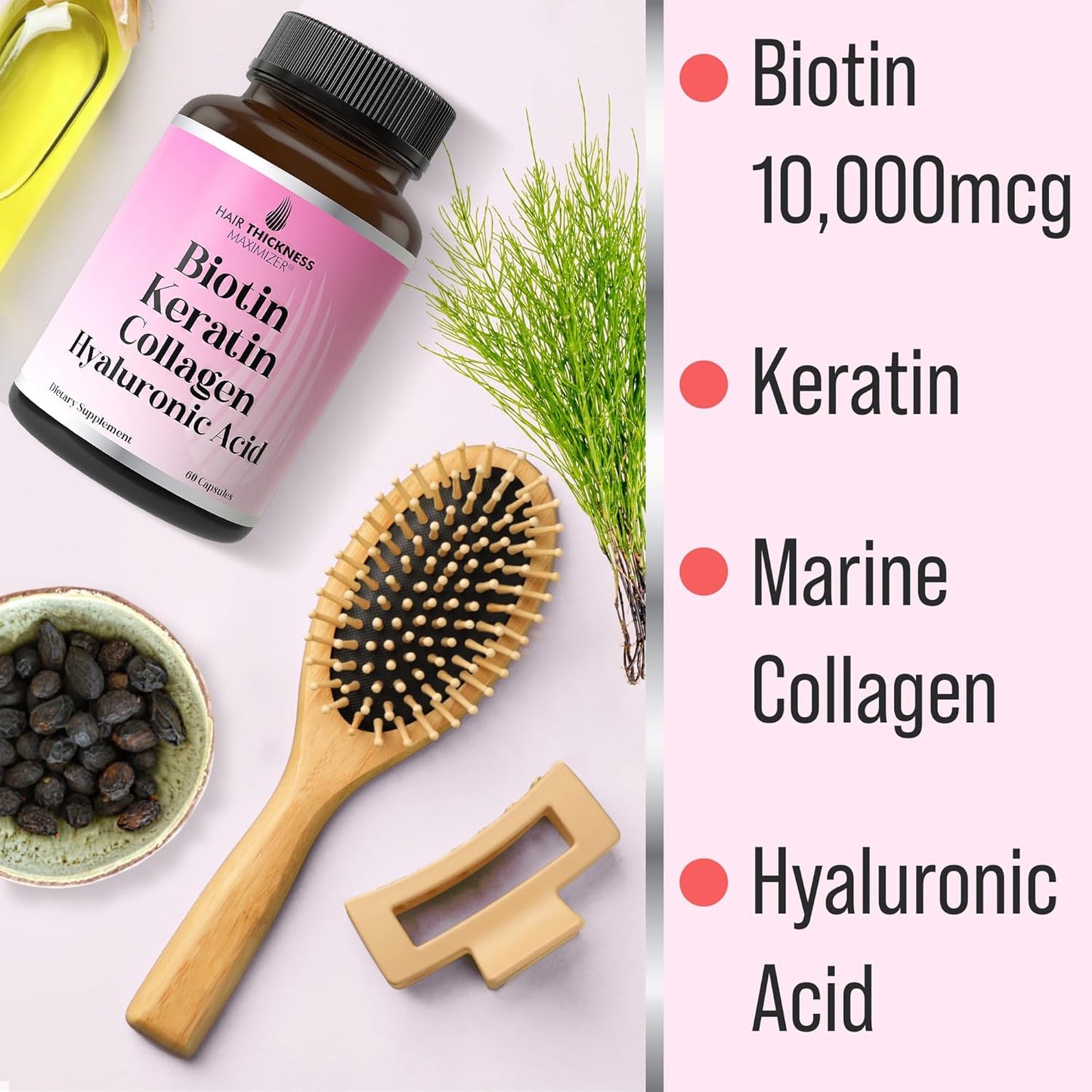 4-in-1 Hair Growth Vitamins with Biotin, Keratin, Marine Collagen & Hyaluronic Acid - Hair Thickening Complex for Women & Men, 10000mcg Biotin Capsules