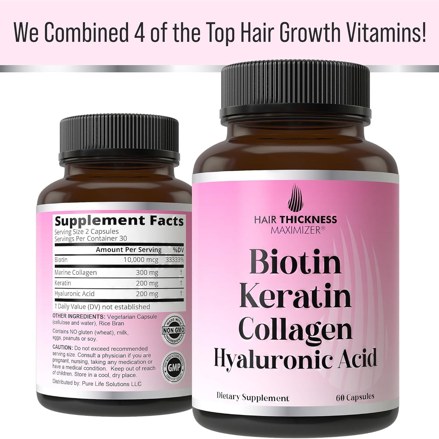 4-in-1 Hair Growth Vitamins with Biotin, Keratin, Marine Collagen & Hyaluronic Acid - Hair Thickening Complex for Women & Men, 10000mcg Biotin Capsules