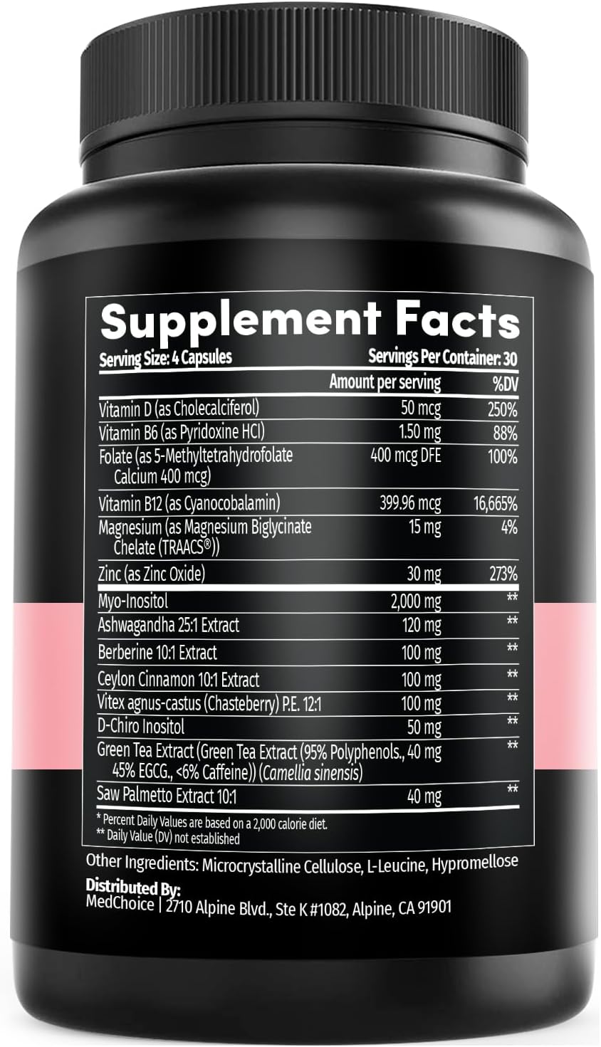 4-in-1 Inositol Supplement for Women - Hormone Balance, PCOS Support, Energy Boost - 240 Capsules
