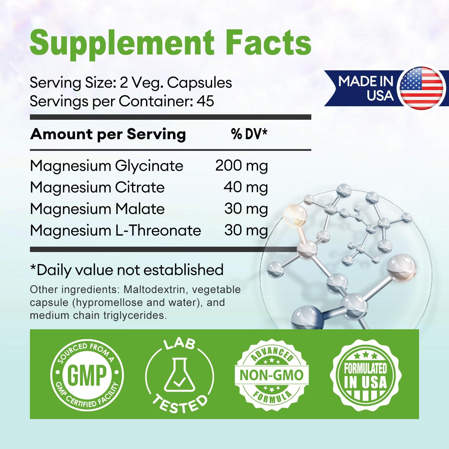 4-in-1 Magnesium Complex Supplement for Muscle, Heart, Stress Relief & Sleep Quality - 300mg - Vegan & Non-GMO - 180 Capsules
