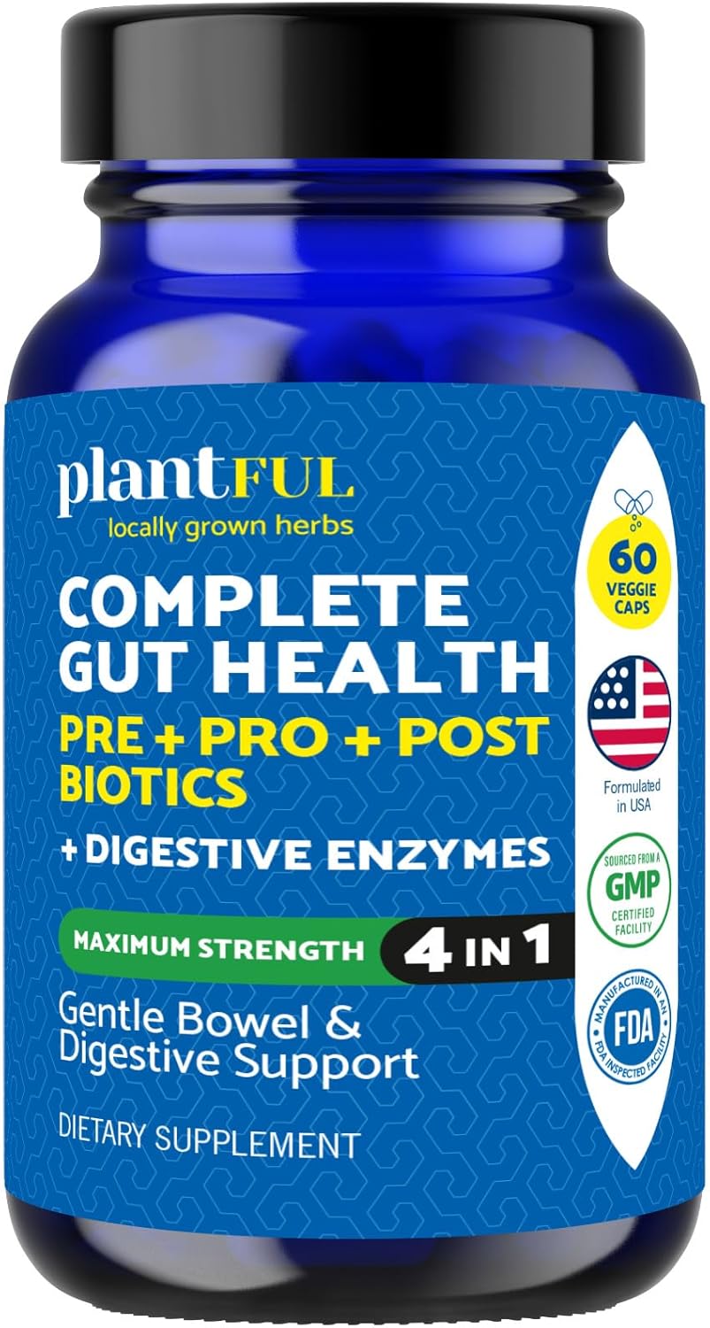 4-in-1 Plantful Research Pre Post Probiotics & Digestive Enzymes - Gut Health Support for Women & Men - Gas & Bloating Relief - 60 Non GMO Capsules