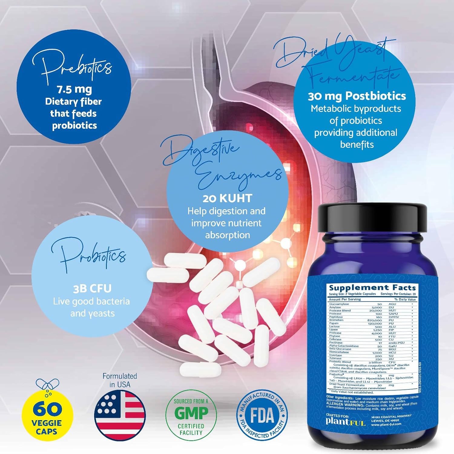 4-in-1 Plantful Research Pre Post Probiotics & Digestive Enzymes - Gut Health Support for Women & Men - Gas & Bloating Relief - 60 Non GMO Capsules