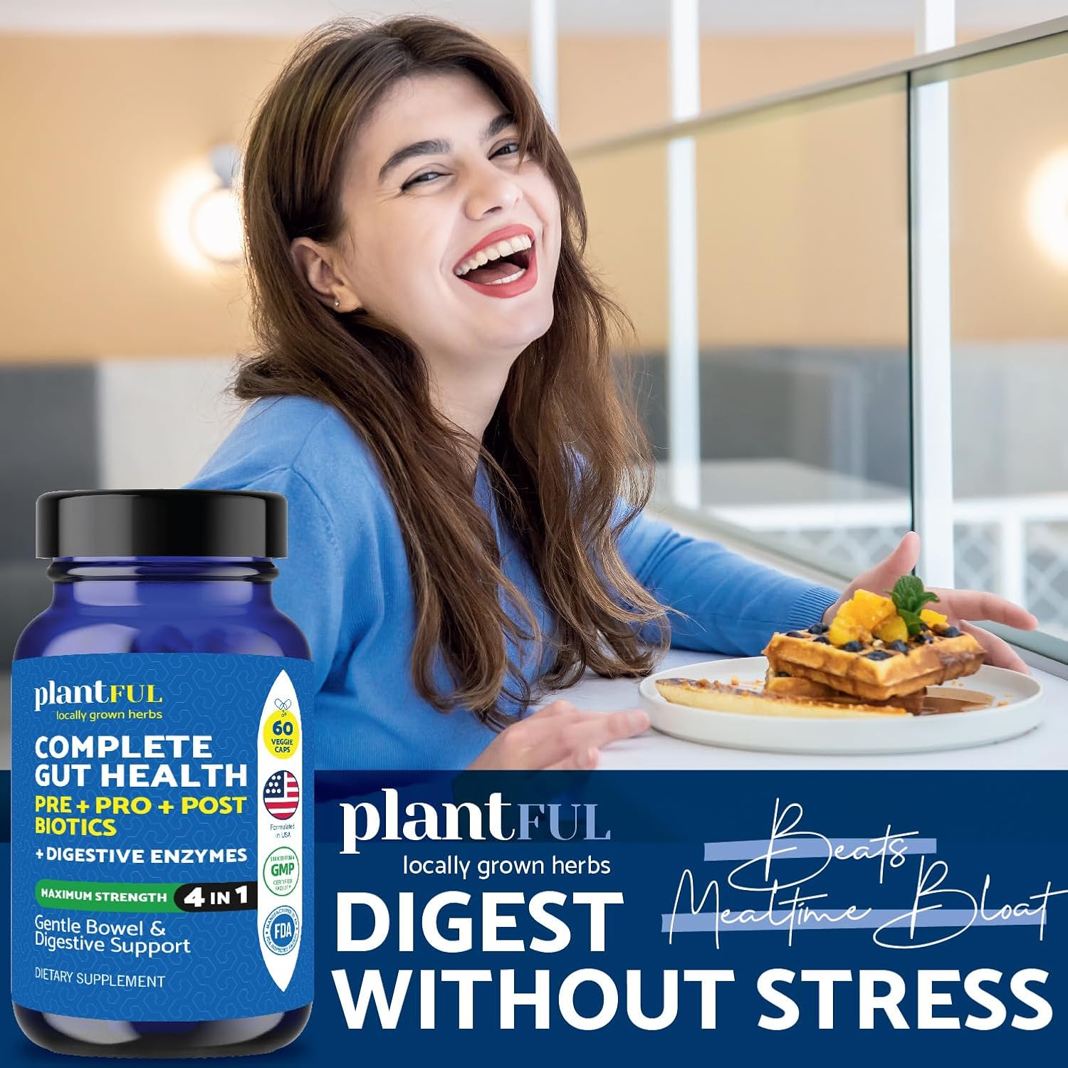 4-in-1 Plantful Research Pre Post Probiotics & Digestive Enzymes - Gut Health Support for Women & Men - Gas & Bloating Relief - 60 Non GMO Capsules