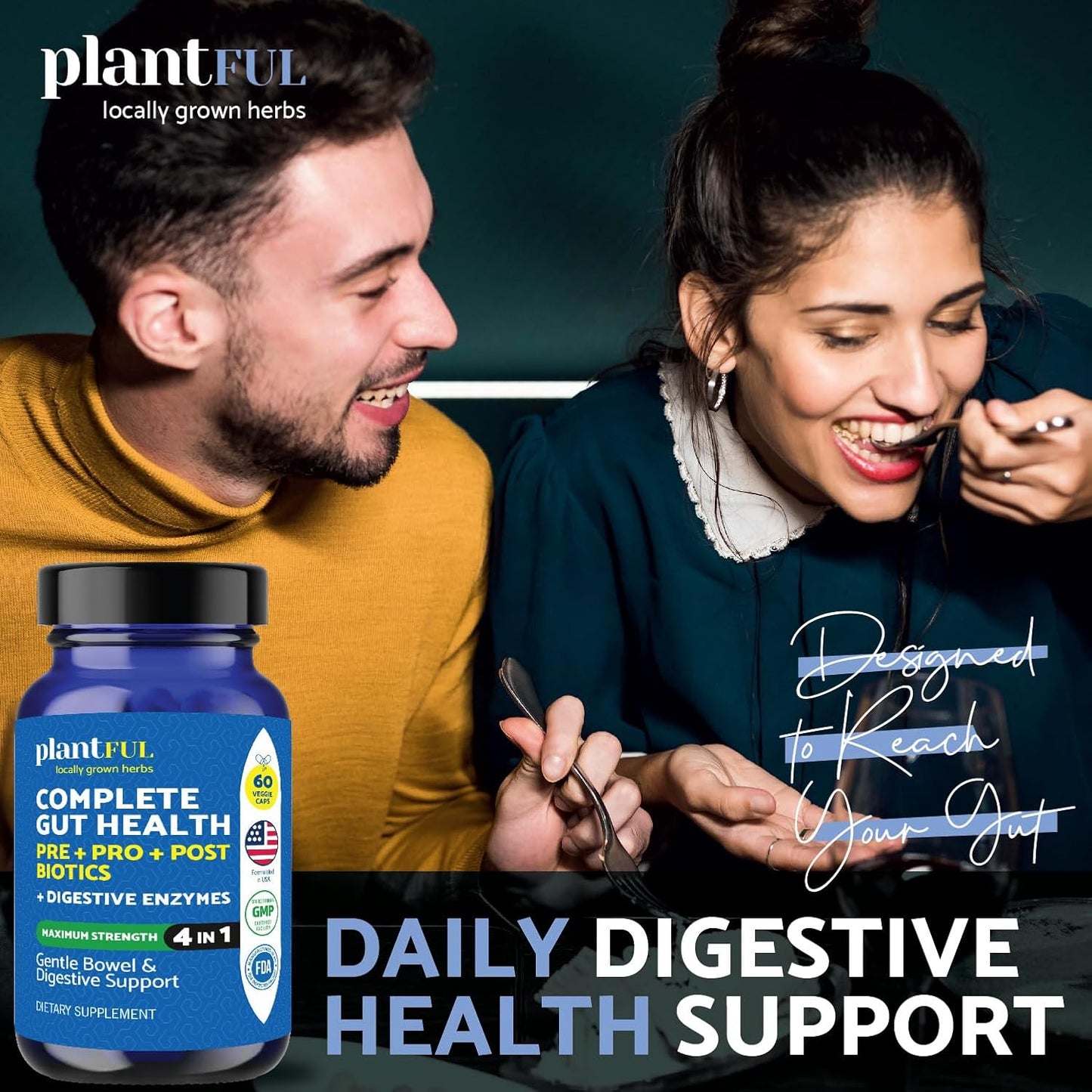 4-in-1 Plantful Research Pre Post Probiotics & Digestive Enzymes - Gut Health Support for Women & Men - Gas & Bloating Relief - 60 Non GMO Capsules
