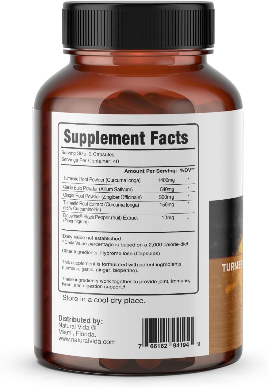 4-in-1 Turmeric Garlic Ginger with Bioperine Capsules - 2,400 mg Curcumin Supplement for Joint, Digestion, and Immune Support