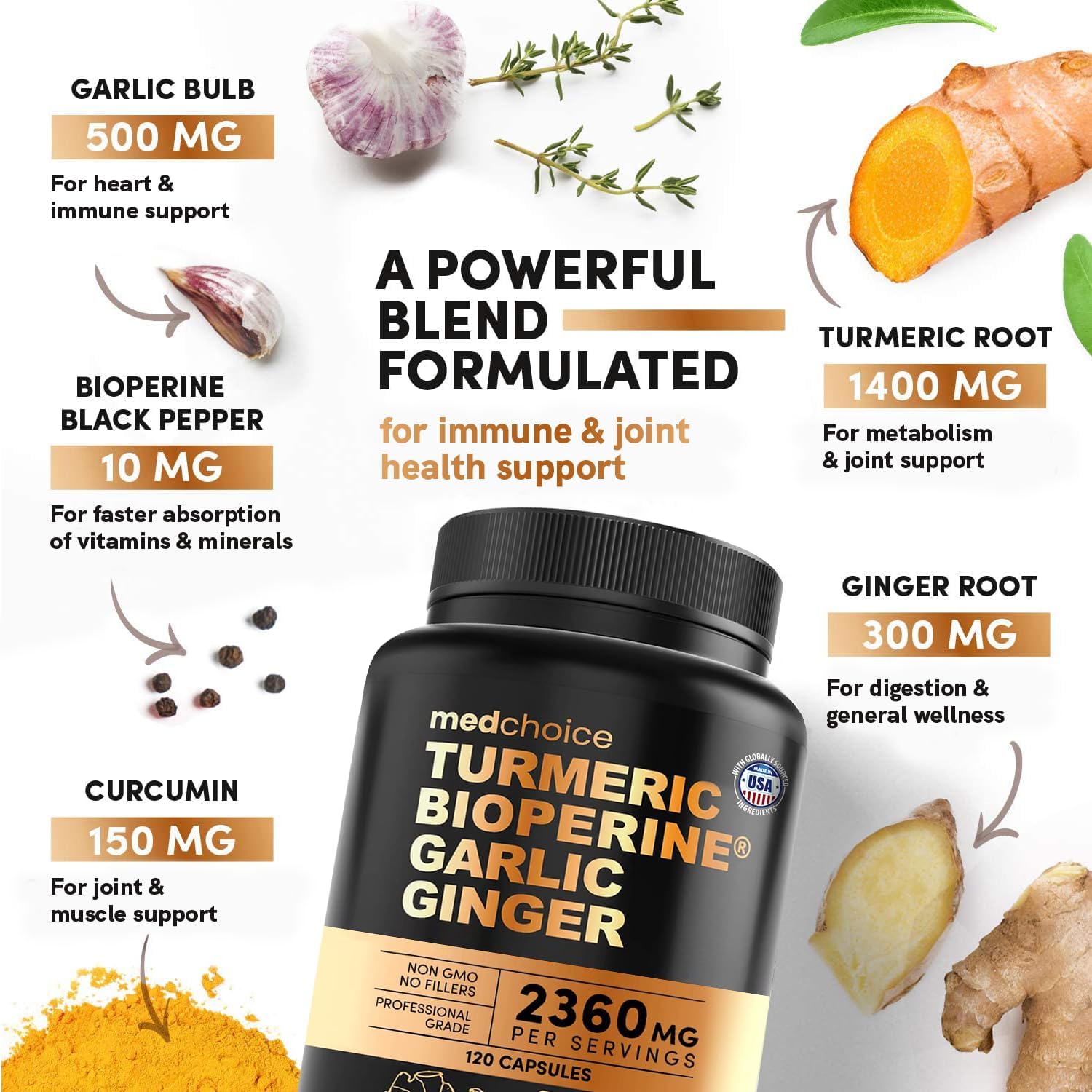 4-in-1 Turmeric Ginger Root Capsules with Garlic - Joint, Digestion & Immune Support - 480 ct x 4 Pack
