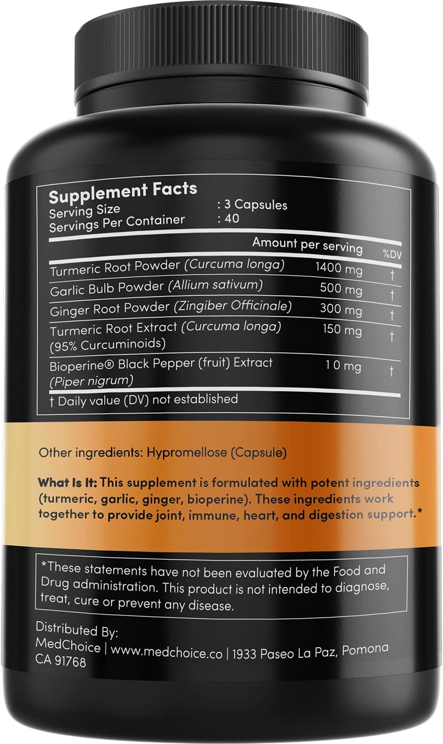 4-in-1 Turmeric Ginger Root Capsules with Garlic - Joint, Digestion & Immune Support - 480 ct x 4 Pack