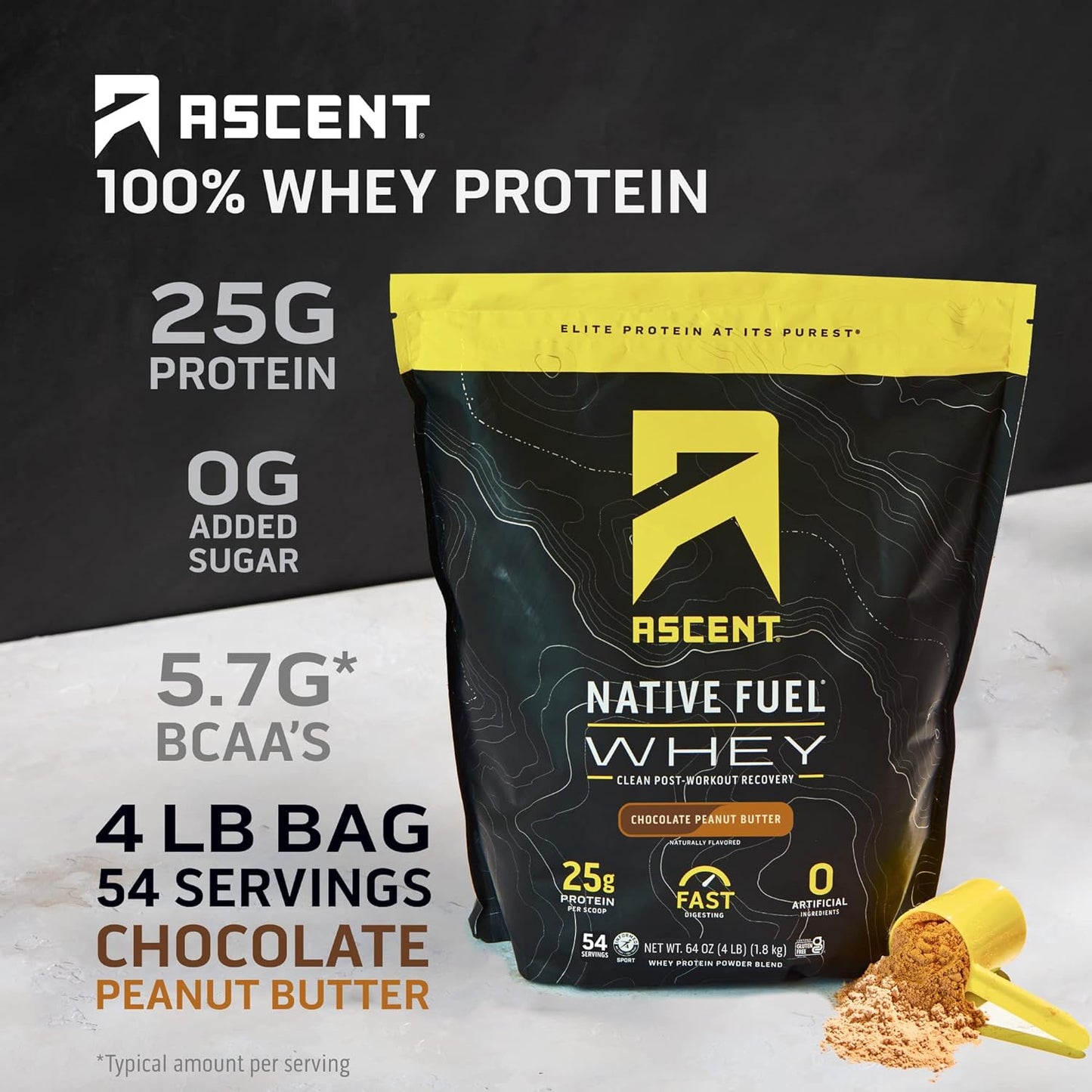 4 lb Ascent Chocolate Peanut Butter Whey + Plant Protein Powder - 18 Servings