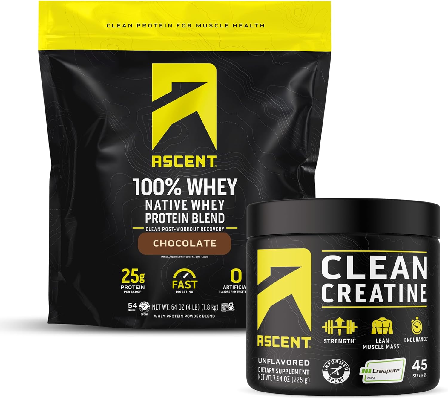 4 lb Chocolate Whey Protein Powder & 45 Servings Unflavored Creatine Monohydrate Powder - Ascent 100% Pure Blend