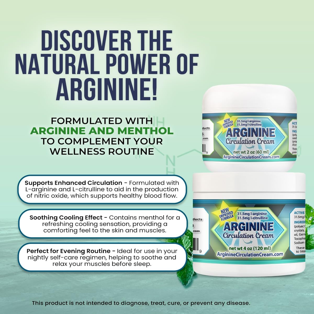 4 oz Arginine Circulation Cream with Menthol, L Arginine & L Citrulline - Promotes Healthy Blood Flow for Legs & Body - Whole Family Products