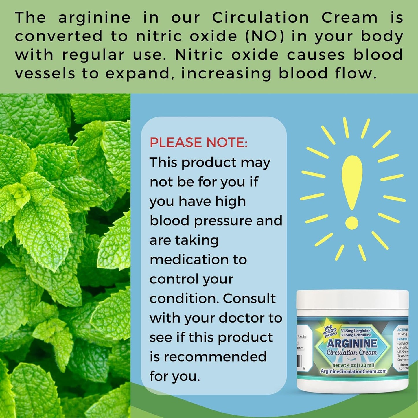 4 oz Arginine Circulation Cream with Menthol, L Arginine & L Citrulline - Promotes Healthy Blood Flow for Legs & Body - Whole Family Products