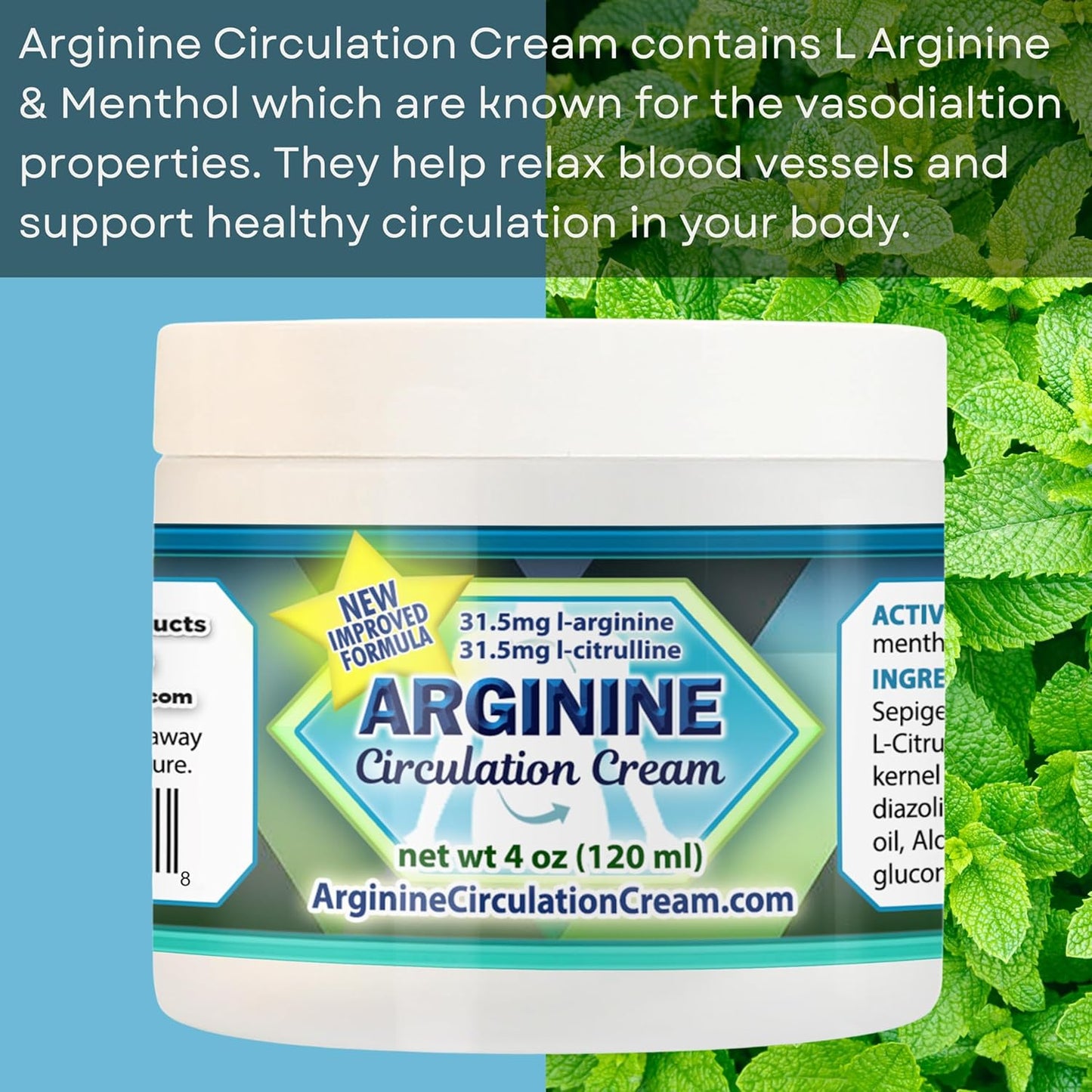 4 oz Arginine Circulation Cream with Menthol, L Arginine & L Citrulline - Promotes Healthy Blood Flow for Legs & Body - Whole Family Products