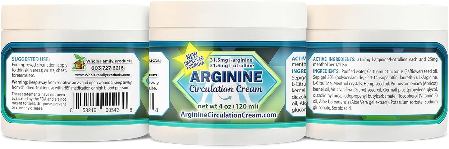 4 oz Arginine Circulation Cream with Menthol, L Arginine & L Citrulline - Promotes Healthy Blood Flow for Legs & Body - Whole Family Products
