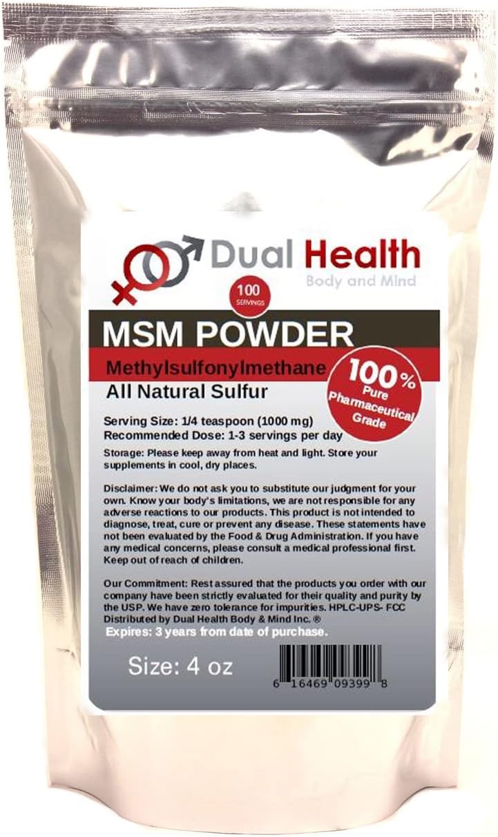 4 oz Dual Health Body & Mind MSM Powder - Pure Methylsulfonylmethane Crystals - Plant Sourced Sulfur for Fast Absorption - Vegan & GMO-Free