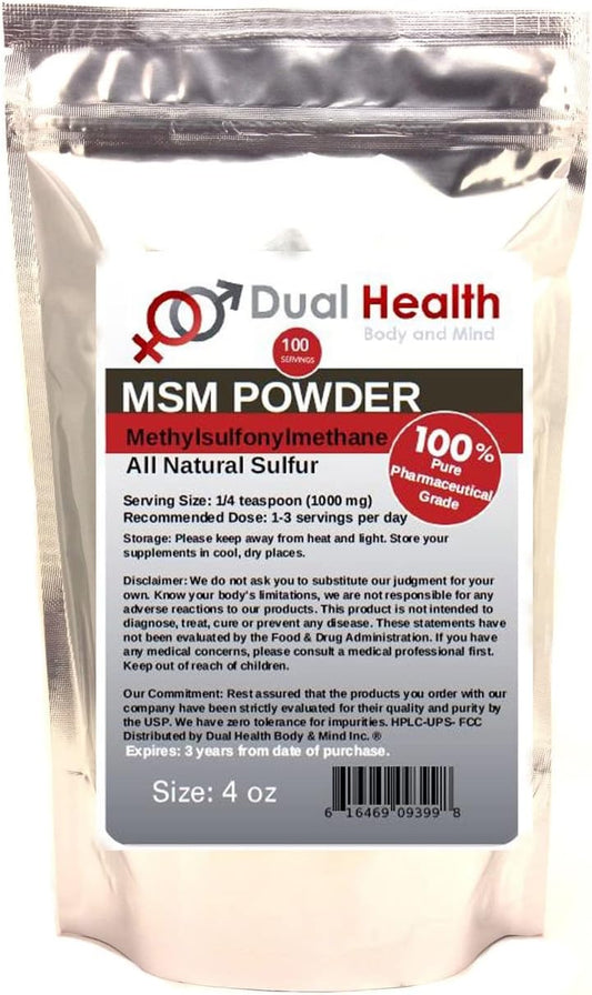 4 oz Dual Health Body & Mind MSM Powder - Pure Methylsulfonylmethane Crystals - Plant Sourced Sulfur for Fast Absorption - Vegan & GMO-Free