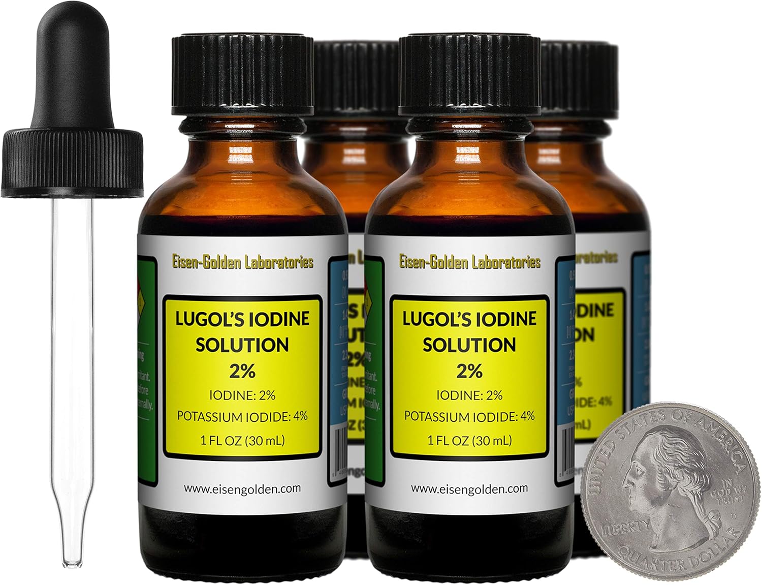 4 Oz Lugol's Iodine Solution - 2% Concentration - Four Amber Glass Bottles with Droppers - USA Made