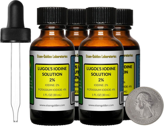 4 Oz Lugol's Iodine Solution - 2% Concentration - Four Amber Glass Bottles with Droppers - USA Made
