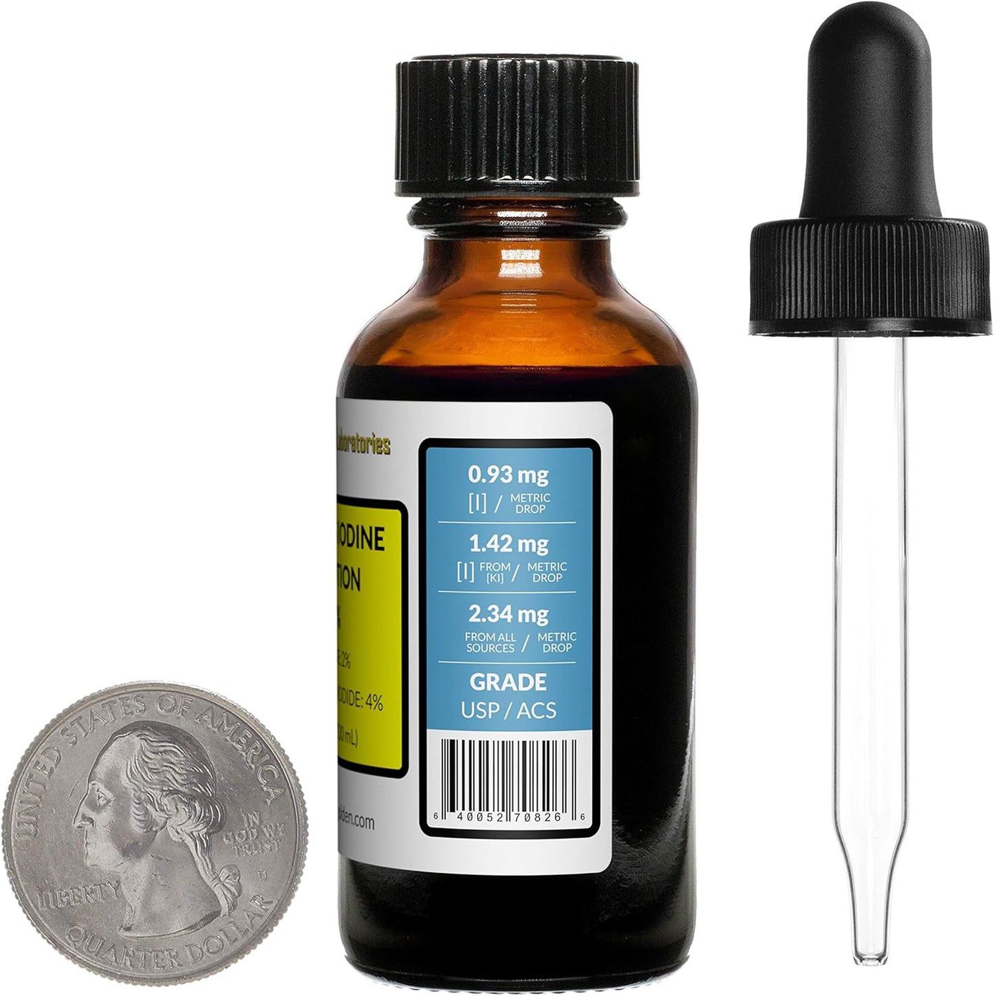 4 Oz Lugol's Iodine Solution - 2% Concentration - Four Amber Glass Bottles with Droppers - USA Made