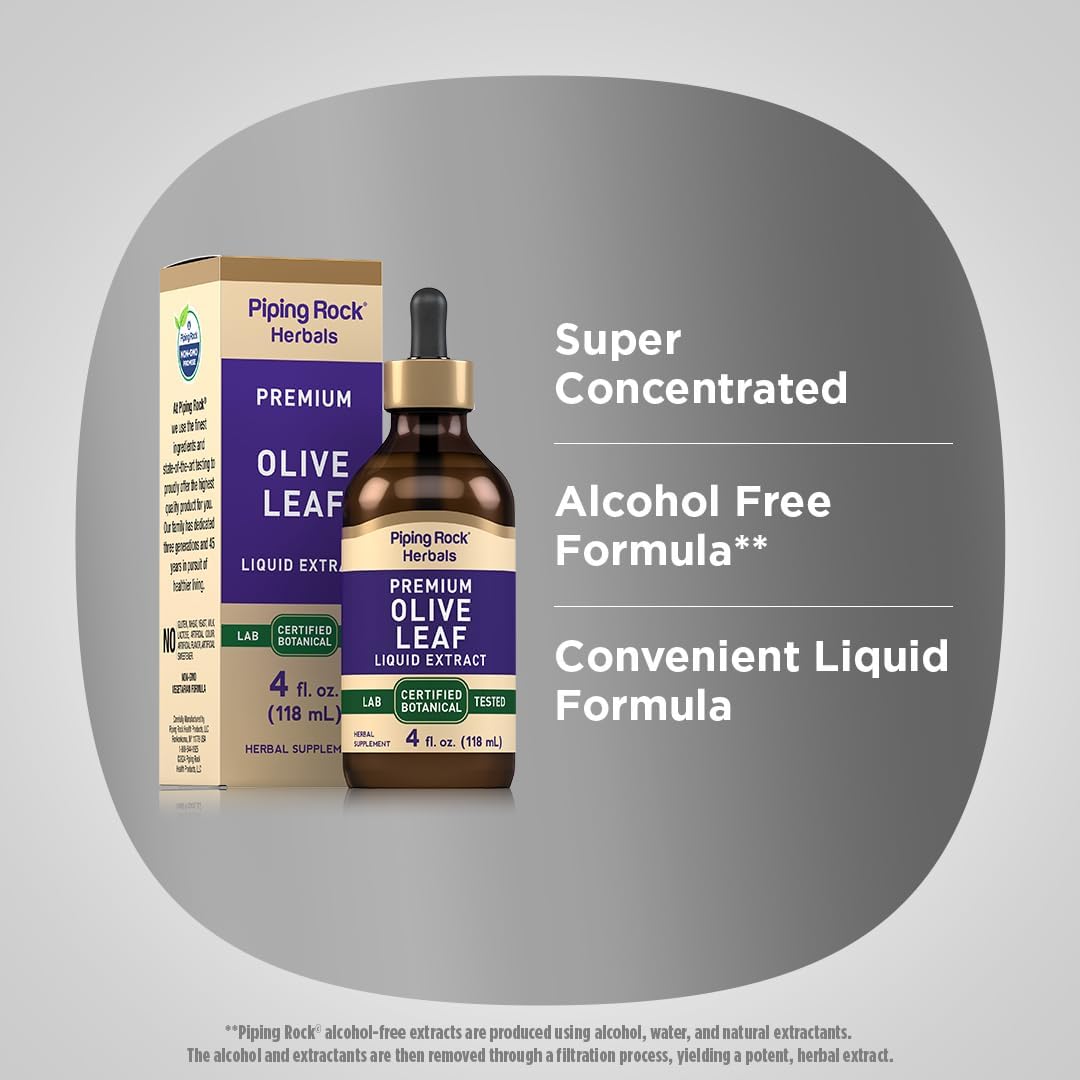 4 oz Piping Rock Olive Leaf Extract Liquid Drops - Alcohol-Free Tincture, Vegetarian, Non-GMO, Gluten-Free