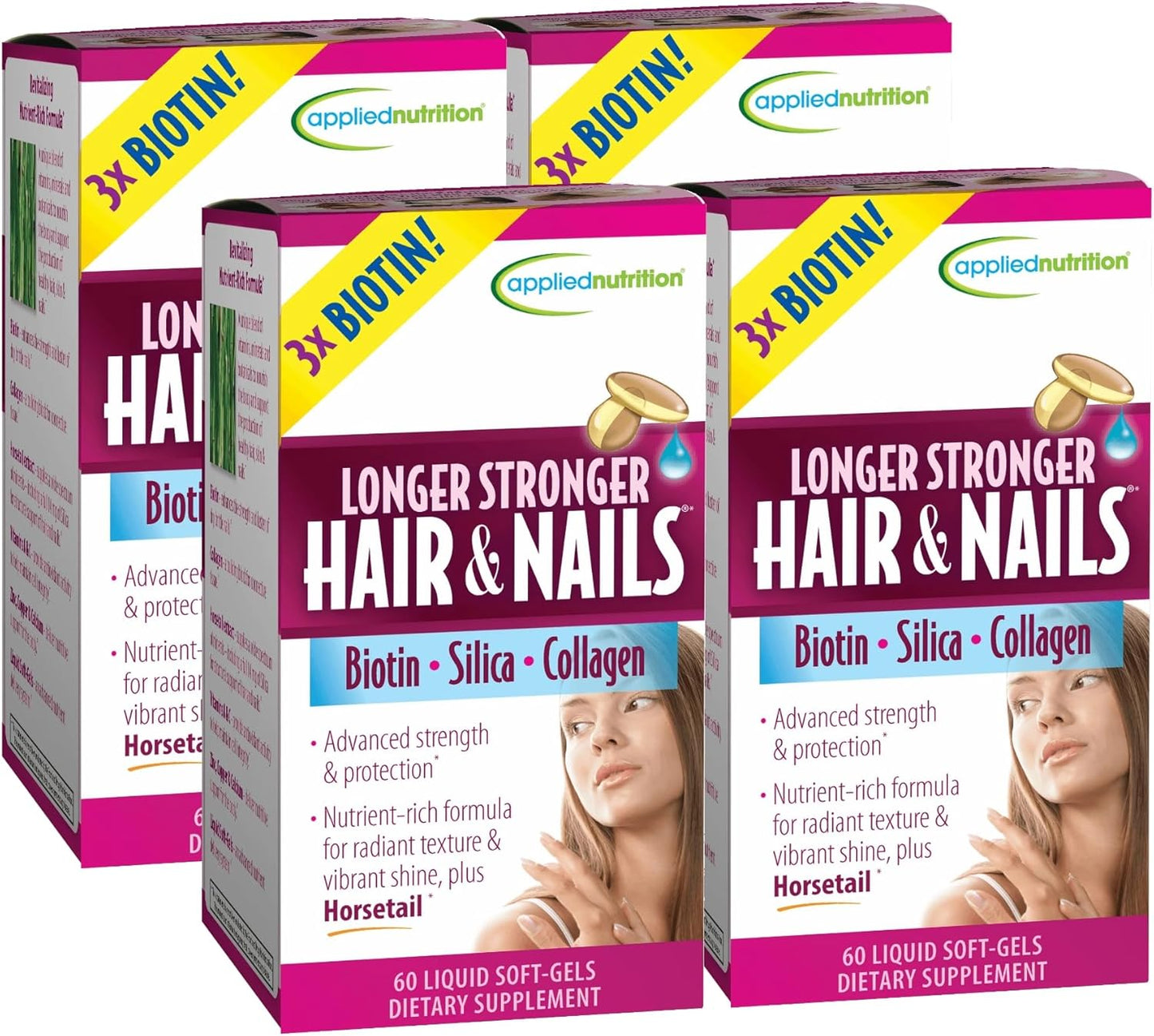 4-Pack Applied Nutrition Longer Stronger Hair & Nails Liquid Soft-Gels with Biotin, Silica & Collagen - 30 Servings Each