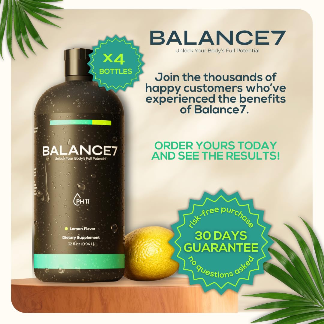 4-Pack Balance 7 Alkaline Concentrate - 11+ pH Alkalizer & Booster - Drinking Water Enhancer (4 x 32 fl oz)