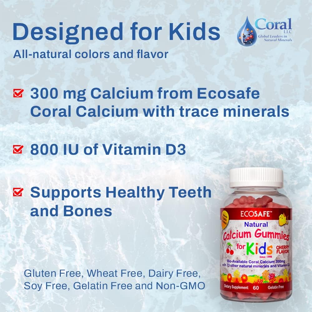 4 Pack ECO SAFE Coral Calcium Vitamin D3 Kids Gummy with Natural Cherry Flavor - Non GMO, Gluten-Free, Dairy-Free, Soy-Free - 300 mg Calcium, 800 IU Vitamin D3 - 60 Gummies