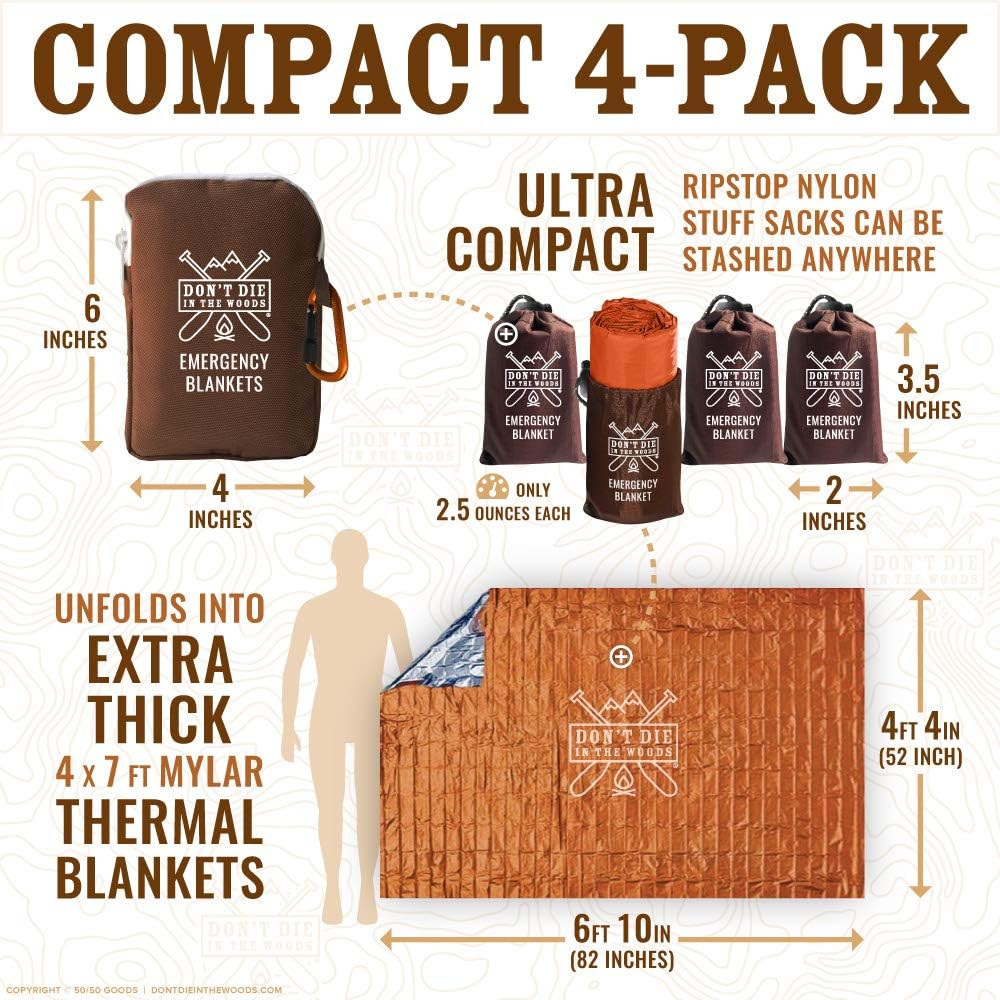 4-Pack Extra-Thick Thermal Mylar Foil Emergency Blankets for Outdoor Survival | Waterproof Space Blanket for Hiking, Camping, Running | First Aid Kit Gear